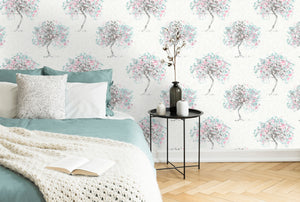 This gorgeous duck egg & pink design is ideal for a bedroom with it’s soft painterly tree design.