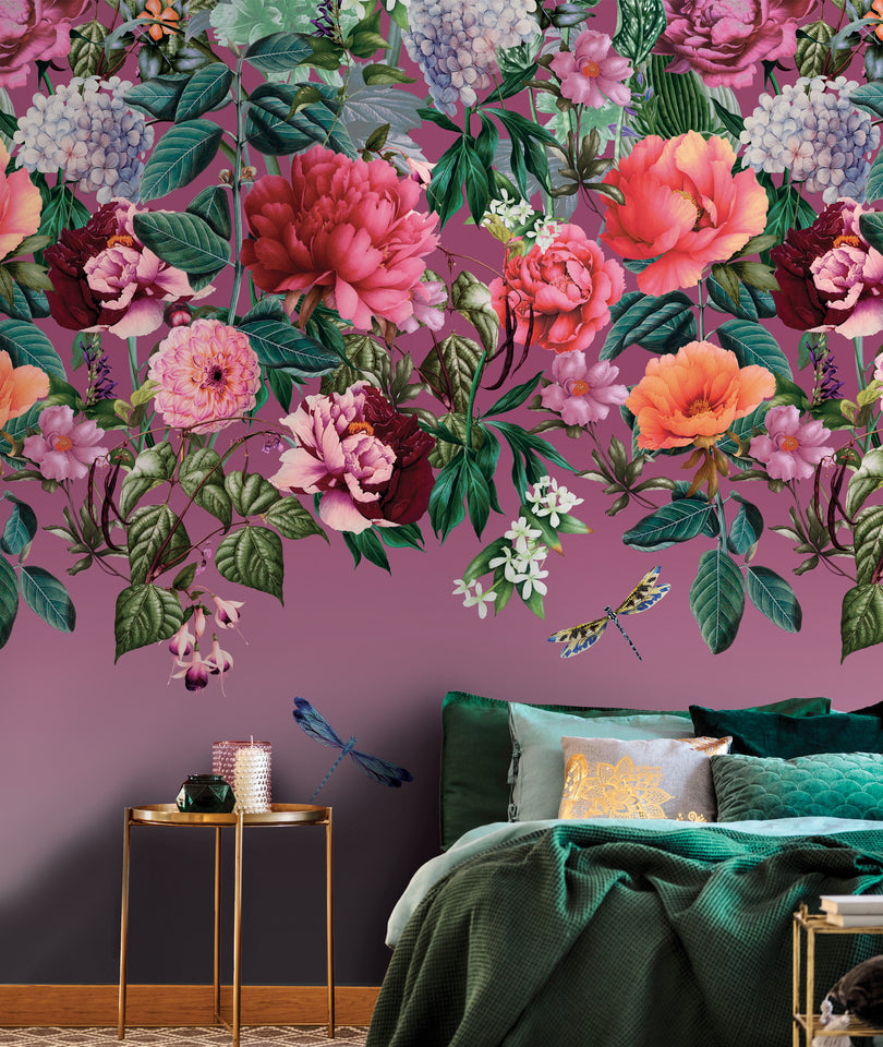 Majorelle is a large, bold, trailing floral digital wallpaper with a rich pink background
