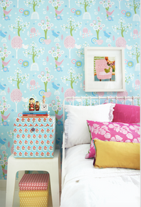 This bright and colourful pink, green, and turquoise pattern with turn any wall into a dreamy scene of wonderment.