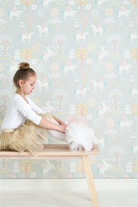 A sweet unicorn grey wallpaper design to add enchantment and fun to any girls dream. Unicorns and their wings on a light grey background. 