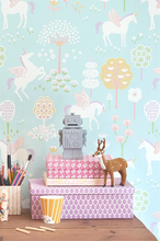 Unicorn wallpaper is the answer to any little girl's dream. This design with colourful patterns, unicorns and flowers will sure make any room look great.