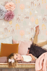 This soft pink background with bambi the deer, swans, trees, and blossoms will make any children's room or baby nursery a sanctuary. 
