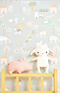 Let your child's imagination run wild with this gorgeous wallpaper with all the farm animals and gorgeous soft pastel colours. Ideal for child's room, playroom, or nursery.