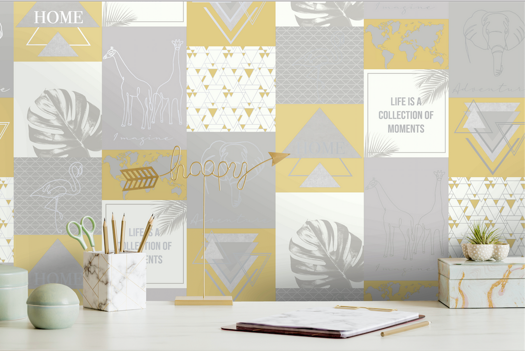 Collage Wallpaper in yellow and grey