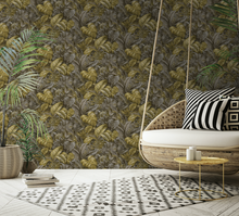 Hand Painted tropical palm leaves makes up this gorgeous ochre wallpaper design 