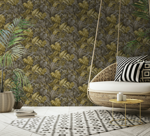 Hand Painted tropical palm leaves makes up this gorgeous ochre wallpaper design 