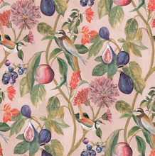 Soft pink background with sweet little birds, fruits and greener makes this such an eye catching wallpaper pattern.