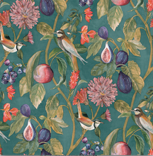 Soft guava fruits and cute little birds on a striking blue green background makes this wallpaper design a perfect choice for any room in the house. Very popular for a pantry.