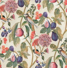 This floral bird wallpaper is so gorgeous with soft fruits and greenery. Great for a kitchen or pantry. 