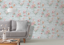 Roomshot of flowers wallpaper on brick