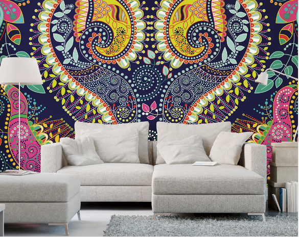 This bold paisley wall mural a distinctive intricate pattern of curved feather-shaped figures based on an Indian pine-cone design.