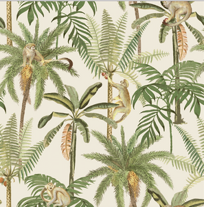 Cream background with swinging monkeys and palm trees makes this tropical pattern wallpaper a great choice to add some fun to any wall.