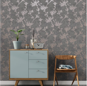 Roomshot of Chevril Grey and Rose Gold Trail Walllpaper