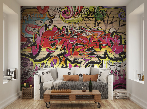 The brickwork backdrop and striking spray-painted graffiti design will lend a distinctly urban edge to any interior. What a fun Wall Mural!