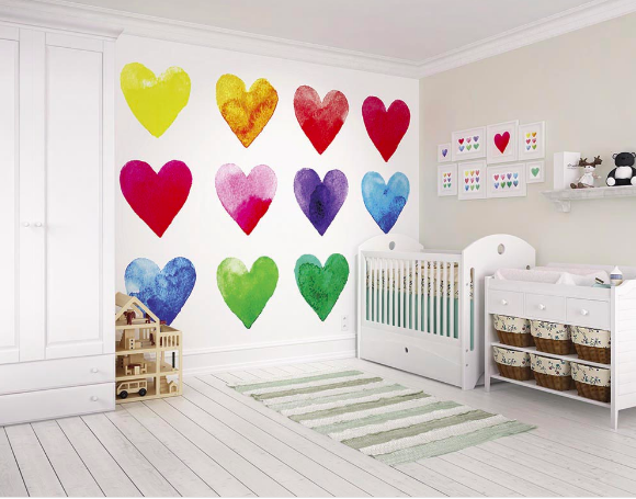 This Colour My Heart Wall mural depicts so many feelings and meanings with the array of colourfully painted love hearts. Cute, colourful and charming. 