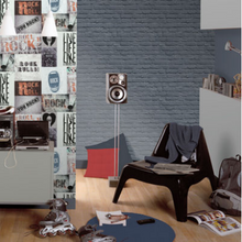 Room shot of dark blue brick wallpaper