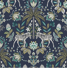 This wallpaper with a rich dark blue background and jacobean damask pattern with a pair of zebras and flowers and leaves is a fun addition to rooms such as living room, dining room, and kitchen. 