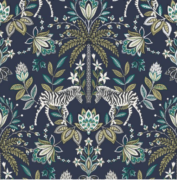 This wallpaper with a rich dark blue background and jacobean damask pattern with a pair of zebras and flowers and leaves is a fun addition to rooms such as living room, dining room, and kitchen. 