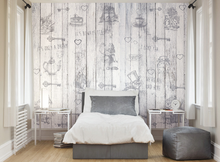 These light grey wooden boards with Alice in Wonderland themed objects makes for a fun design where exploration and adventure are the main ideas. This Explore Wall Mural would look amazing in a dining room or kitchen.