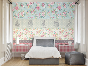 Rose Patterns and gingham combined in a clever manner with hints of the Alice In Wonderland theme make for a stunning floral Felicity Wall Mural design.
