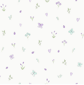 Soft purple butterflies and florals on white background.