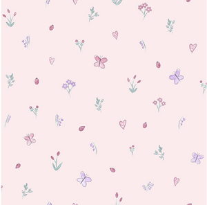 Butterflies and florals on a soft pink background.