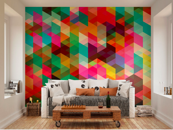 This colourful geometric wallpaper adds great dimension to any room with the triangle shapes and angles. 