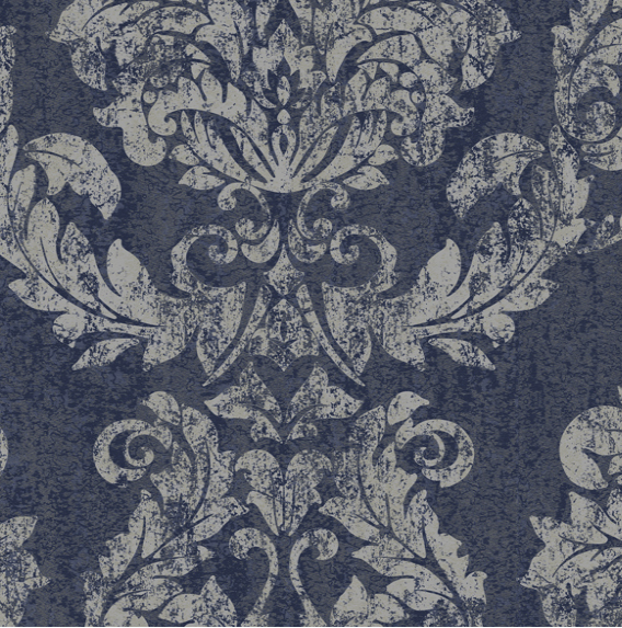 damask  vinyl features a silver printed damask on navy blue wallpaper .