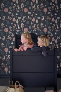This gorgeous, bold wallpaper is the perfect little girl's bedroom wallpaper. Full of magical animals such as bambi the deer and swans with trees and blossoms. 