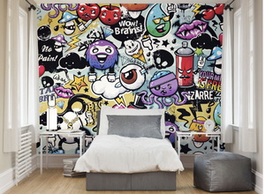 Colurful objects and words displayed in a cartoon like manner make up this funky graffiti monster wall mural.