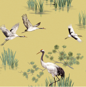 Asian Wallpaper in Yellow with cranes 