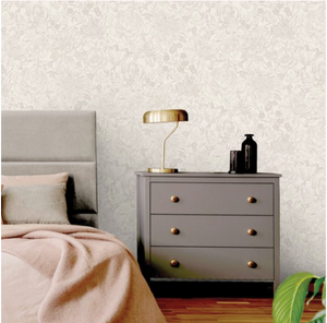 Roomshot of cream floral patterned wallpaper