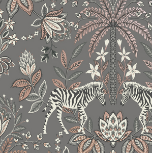 This jacobean damask wallpaper in grey is funky with the pair of zebras, palm trees, and leaves on a jacobean damask pattern. 