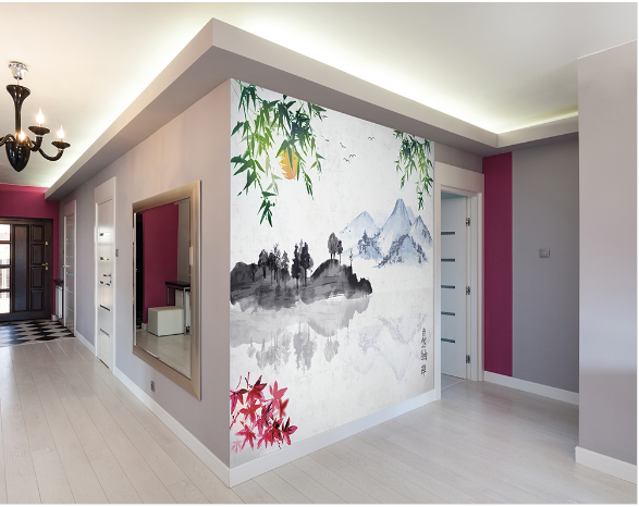 Watercolur mountains, blossoms, and greenery make for a very peaceful scene in this Japanese wallpaper design.