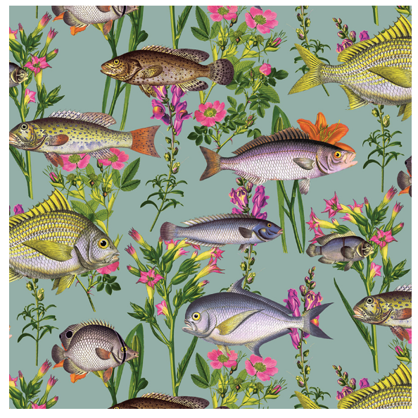 Colourful fish intwined with florals on a teal background.