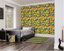 Brightly coloured lego pieces in all shapes and sizes id a firm favourite as a lego brick wallpaper bedroom walls design.