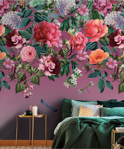 Majorelle berry wall mural is so delightful and will add charm and class with gorgeous colours of roses and flwers on a warm berry background. Ideal for entrance room or bedroom.