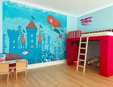 This bright, fun mermaid wallpaper is so cute with it's bright orange and blue colours. Featuring a castle, mermaid , fish and and underwater scene this makes any girl's room very magical.