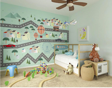 This enchanting pastel coloured Mini Adventure Wall Mural with road tracks, cars, hot air balloons, and duck ponds takes your little one on any adventure their imagination wishes to go on!