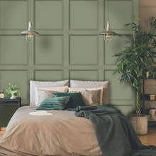 Roomshot of Modern Wood Panel Green Wallpaper