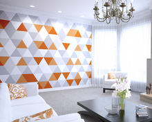 This stunning design utilising bold pattern and colour is so much fun with the orange and grey triangle patterns. This Orange Geometric Wall Mural is a bold and bright addition to any wall.
