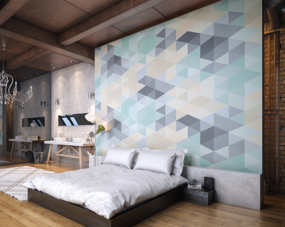 This beautiful mixture of pastel colours combined with the geometric shapes makes for a subtle yet distinctive wall mural design.