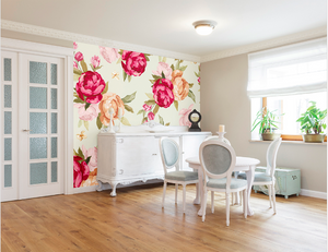 Red, yellow, and pink Peonia on a lovely warm cream background make this Peonie floral wall mural a popular choice.