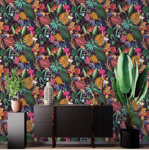 This tropical purple wallpaper is a quirky additon to your walls with parrts, bush babies, and chameleons. 