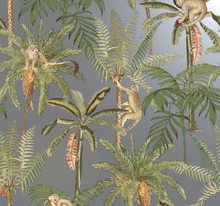 silver wallpaper with monkeys and palm trees