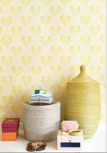 This gloriously warm yellow damask wallpaper pattern will brighten up any room with its intricate pattern and fine details. 