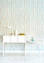 This lovely turquoise, grey, and cream white wallpaper will add class and glamour to any bedroom or nursery.