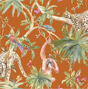 This bright and bold burnt orange coloured wall covering will entice all eyes to a feature wall covered in this. The animals in this design give the tropical feel a sense of warmth and honesty. An ideal floral wallpaper for your living room, dining room or hallway.