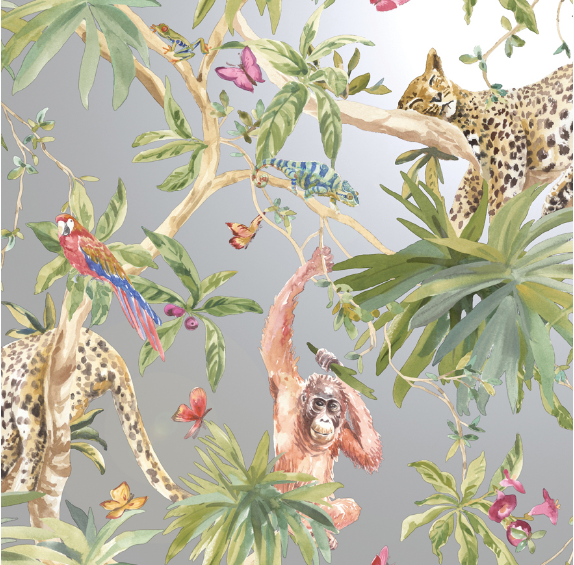 A gorgeous Leopard wallpaper featuring bright toucans, lazy leopards and orangutans ona shimmering silver background will definately be the hero product in any room.