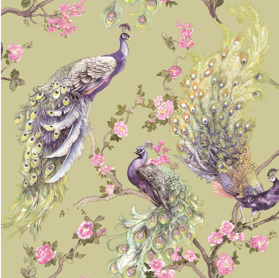This green wallpaper design is so soft and elegant with peacocks that are painted. 
